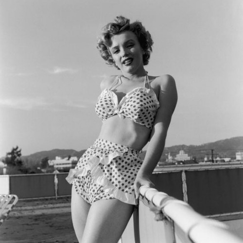 American actress Marilyn Monroe (1926 - 1962) wearing a polka dot bikini, circa 1951. (Photo by Archive Photos/Getty Images)