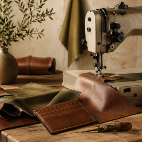 Taller de marroquinería en Muchafibra Barcelona con máquina de coser industrial, cuero y tarjetero artesanal